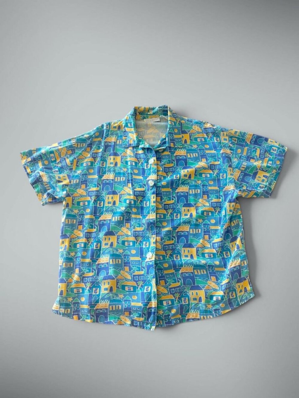 Segrets Sun Prints Women's Vintage Colorful Mediterranean Camp Shirt Size Large
